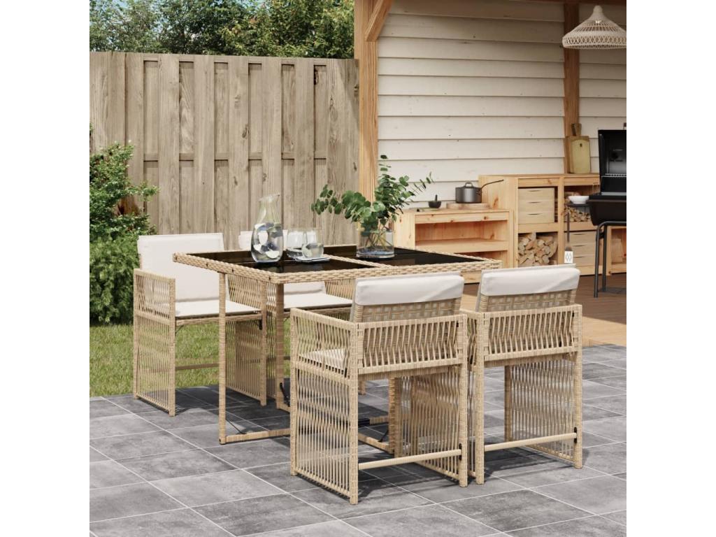 Ensemble à manger de jardin avec coussins 5 pièces Beige poly rotin