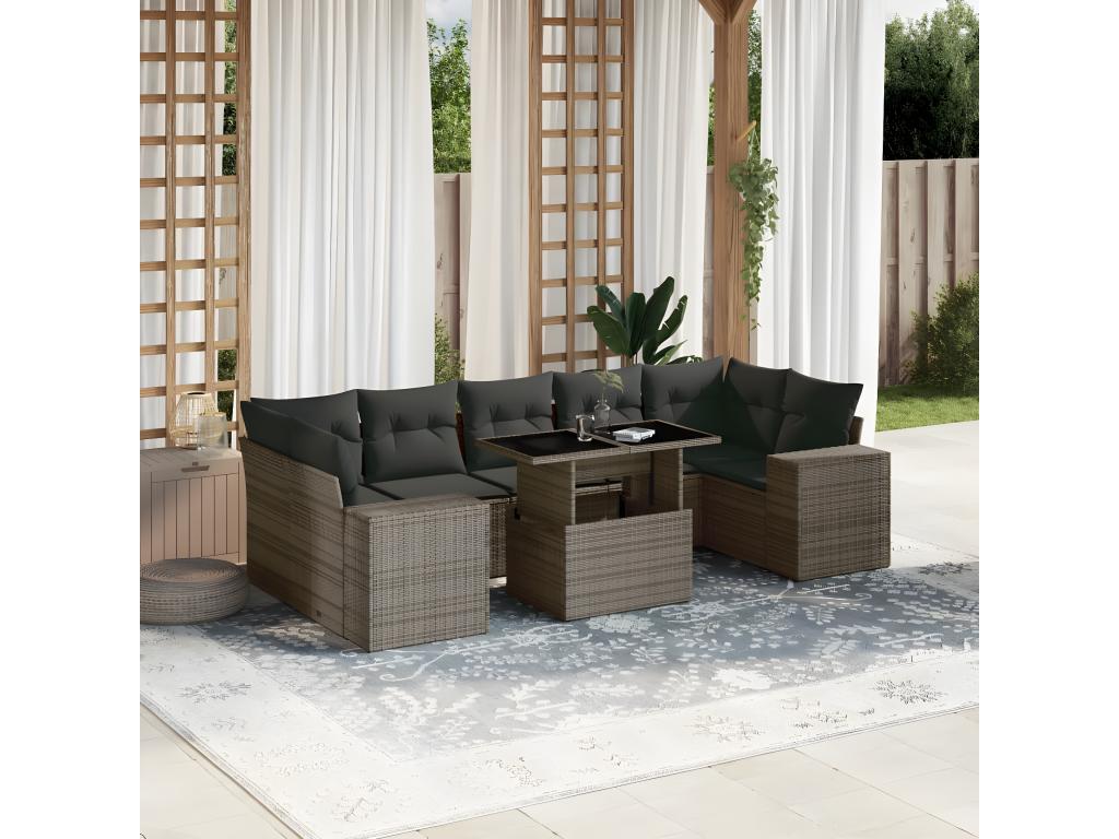 Salon de jardin 8 pcs avec coussins gris résine tressée