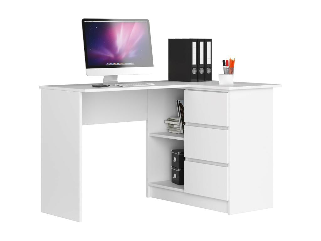 Bureau Homzora d'angle droit B16 Blanc 124 cm 3 tiroirs façade Blanche 2 étagères 124x85x77 cm