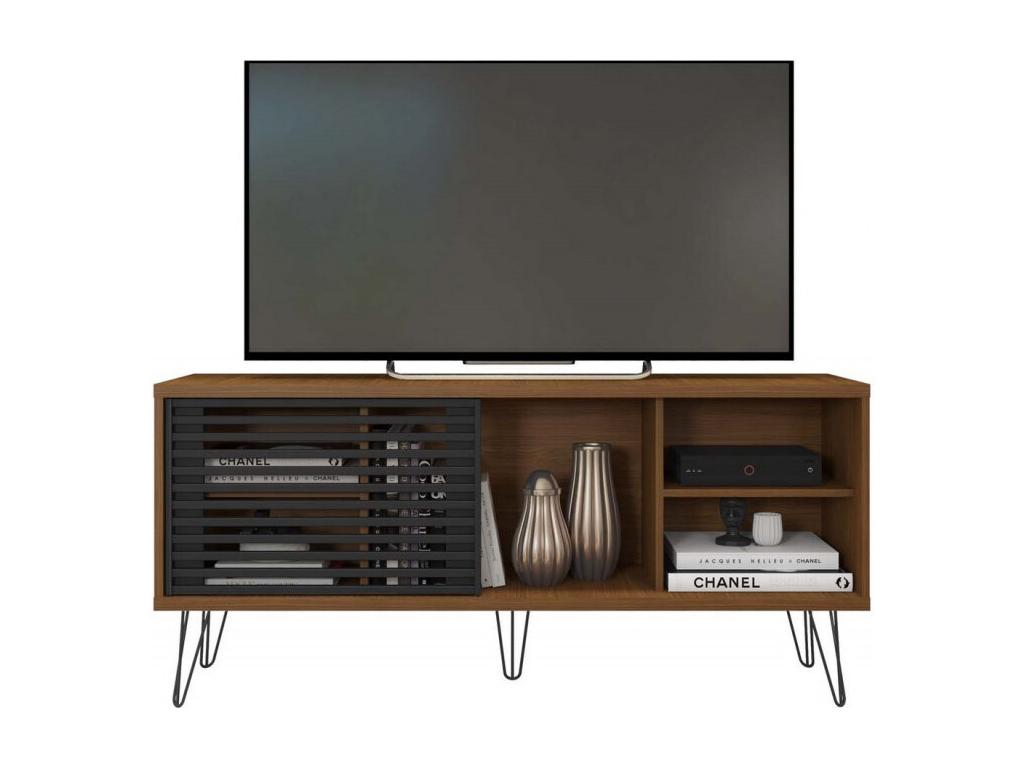 Meuble TV 55 Pouces Chêne Foncé et Noir 5 Niches L 136 H 62 P 36 cm