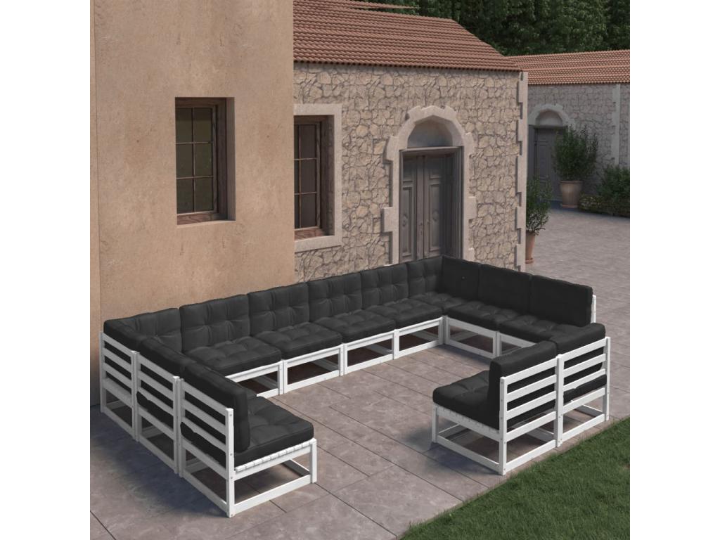Salon de jardin 12 pcs avec coussins Blanc Bois de pin massif