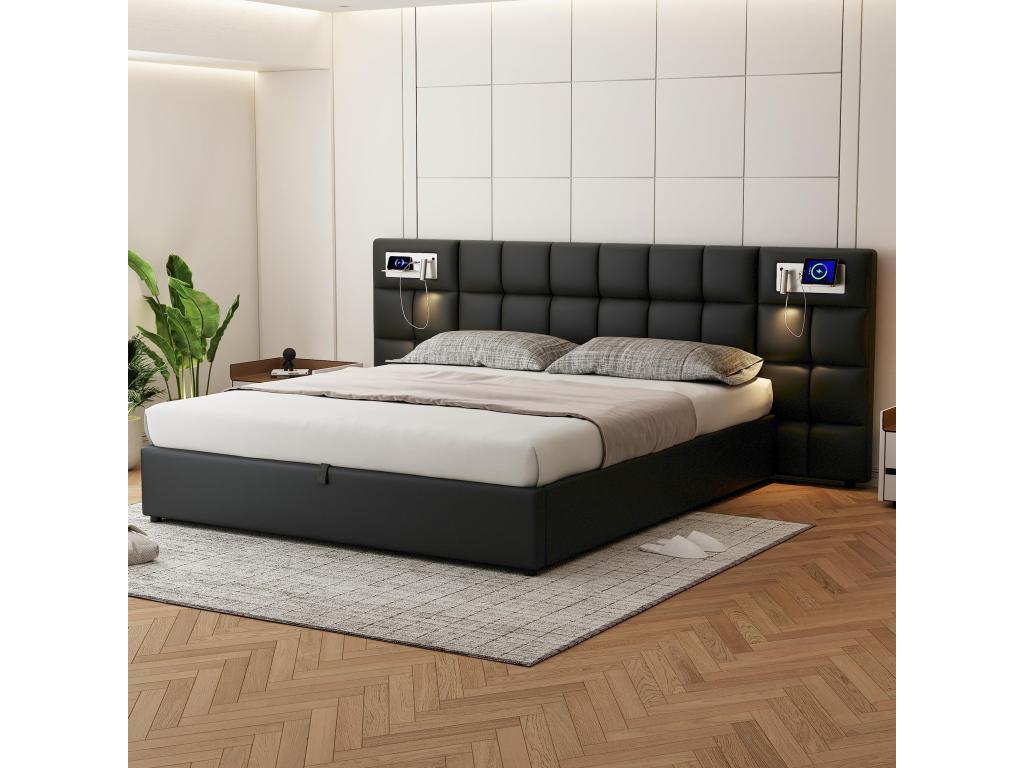 Lit coffre 180x200 cm avec grande tête de lit - Port USB / recharge sans fil / lampe lumineuse - Tissu en lin - Noir sans matelas