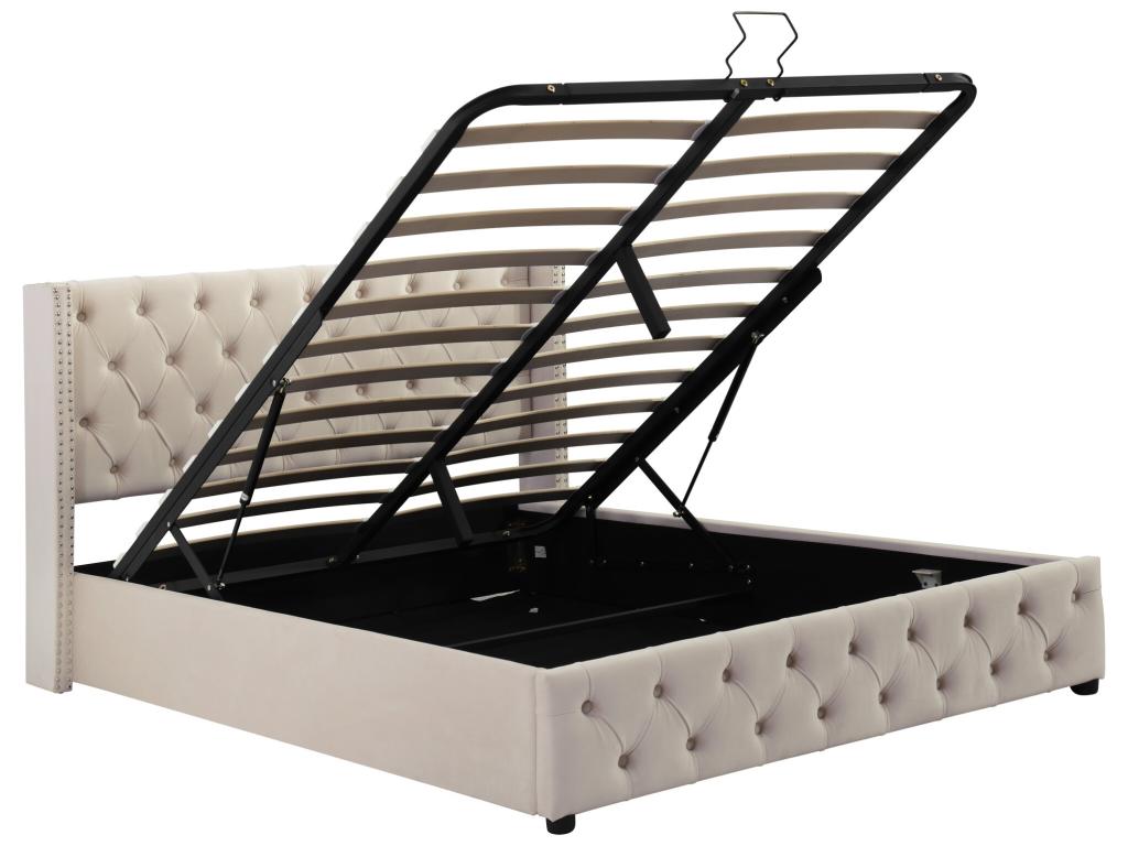 Lit coffre 140x200 cm lit double rembourré en velours décor avec rivets et boutons sommier à Homzora style Homzora beige