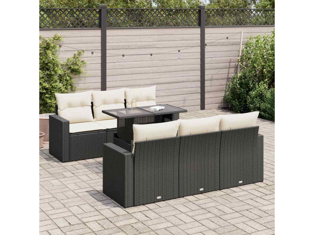 Salon de jardin 7 pcs avec coussins noir résine tressée