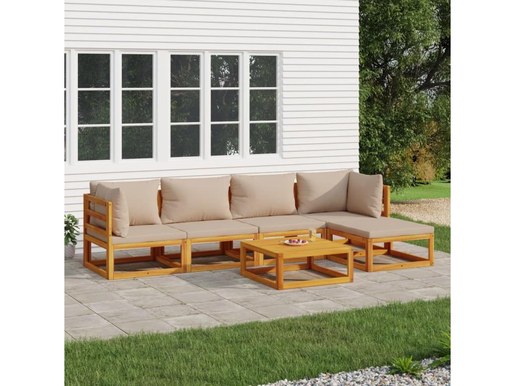 Salon de jardin 6 pcs avec coussins Homzora bois massif