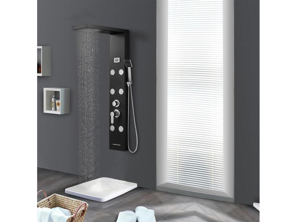 Doucezen Colonne Douche Noir LED Panneau douche pour Salle Bain Hydromassages Système Douchemultifonctionnel colonne murale 6 Grandes Buses Massants