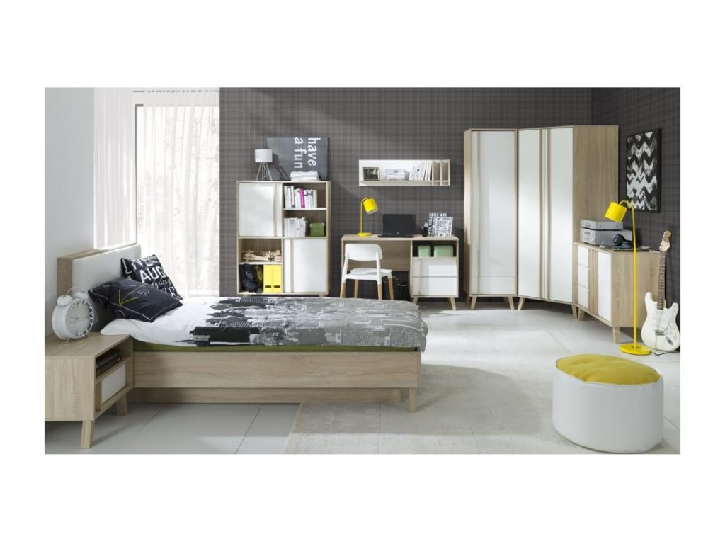 Commode 1 porte et 3 tiroirs Homzora coloris chêne clair et blanc