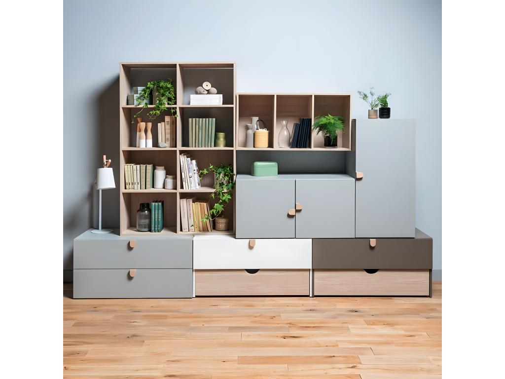 Commode Grise 2 Tiroirs avec Poignées Bois - Doucezen