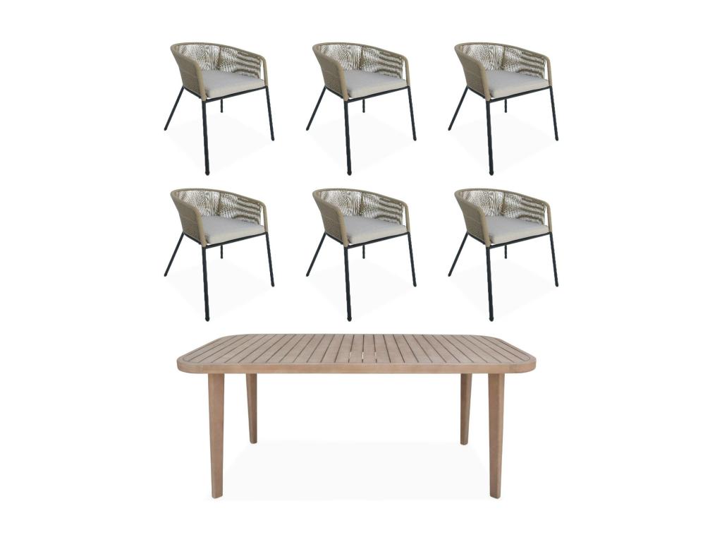 Table de jardin en bois d'eucalyptus- intérieur / extérieur 6 fauteuils en corde beige et métal