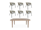 Table de jardin en bois d'eucalyptus- intérieur / extérieur 6 fauteuils en corde beige et métal