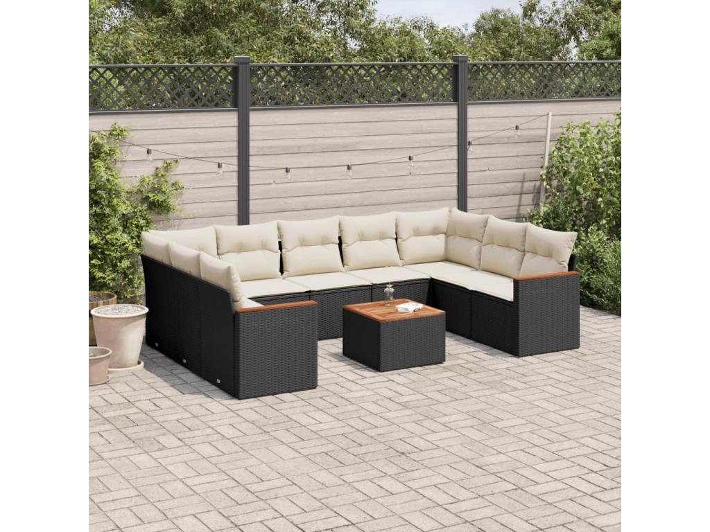 Salon de jardin 10 pcs avec coussins noir résine tressée