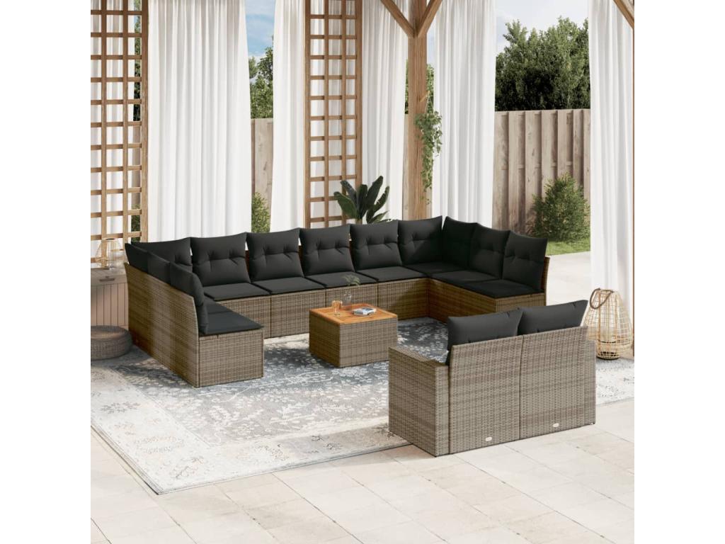 Salon de jardin avec coussins 13 pcs gris résine tressée