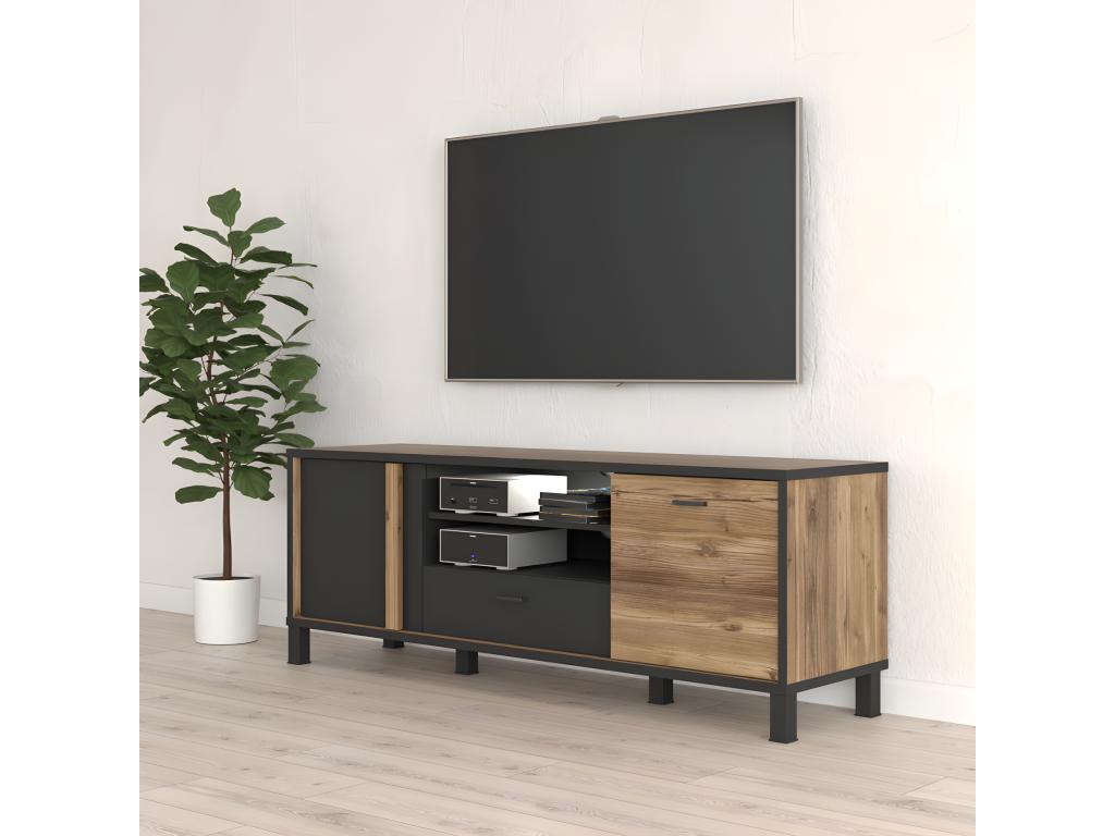 Meuble TV 155 cm 2 portes décor bois et noir pieds métal noir - Doucezen