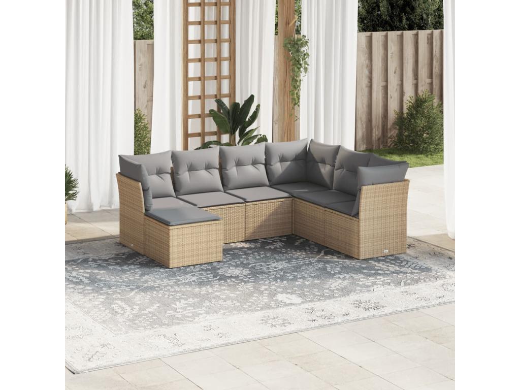 Salon de jardin avec coussins 7 pcs beige résine tressée