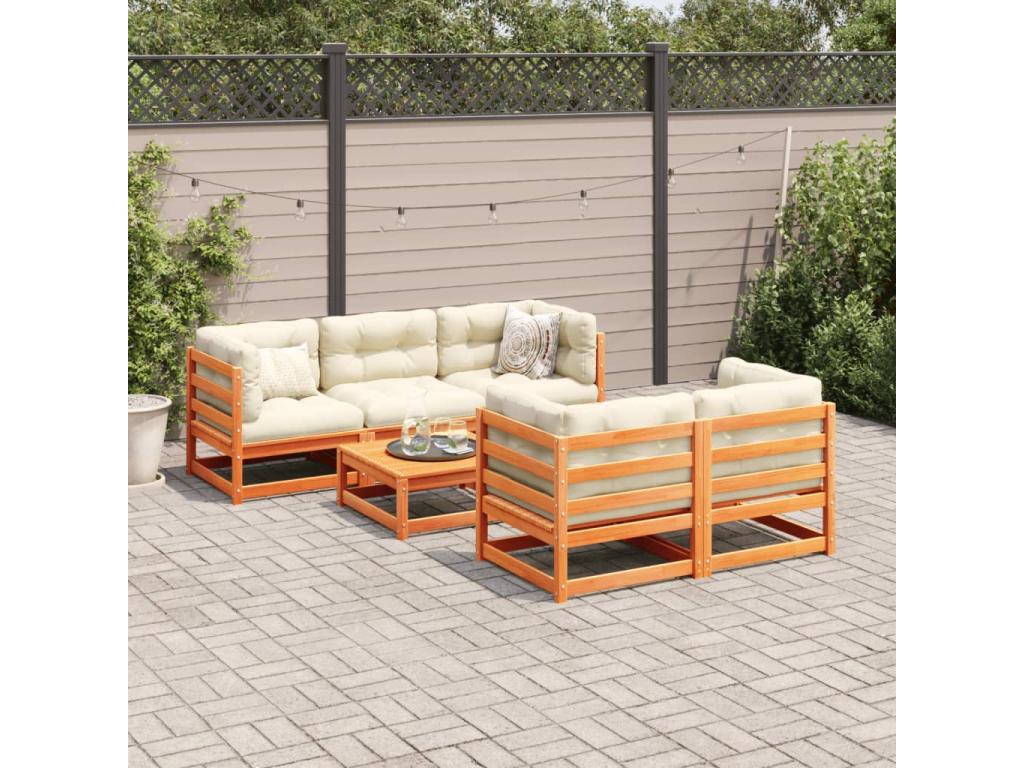 Salon de jardin 6 pièces avec coussins cire marron bois pin massif