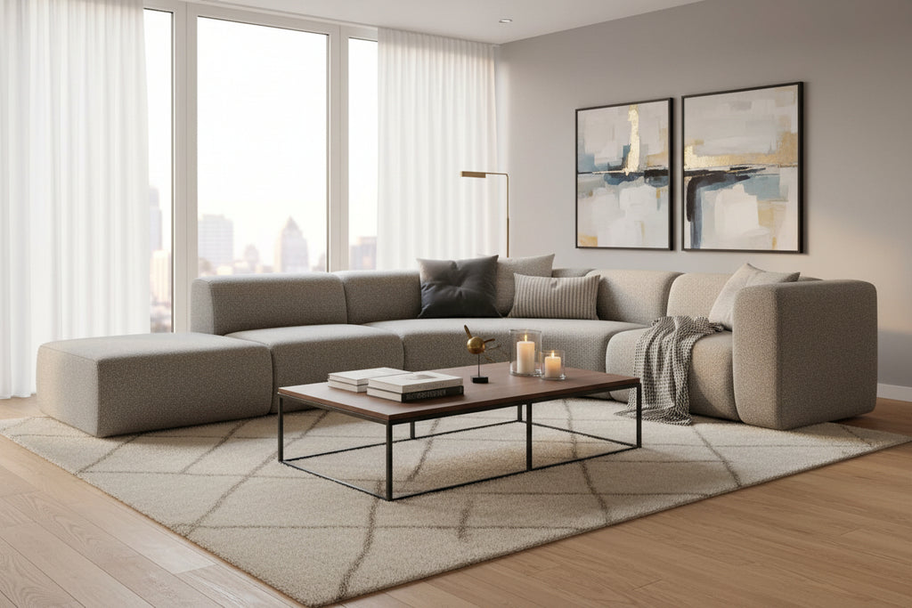 Canapé modulable 4 places gauche en tissu texturé - beige foncé - Doucezen