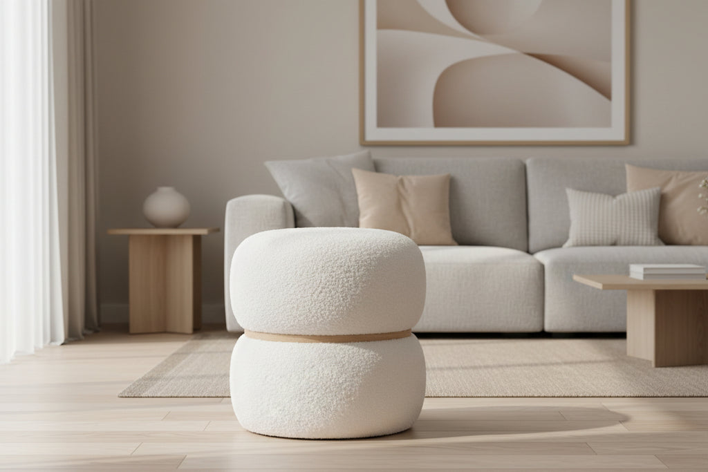 Homzora - Pouf Rond en Tissu Bouclé Blanc Ceinturé en MDF