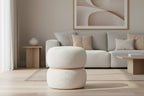 Homzora - Pouf Rond en Tissu Bouclé Blanc Ceinturé en MDF