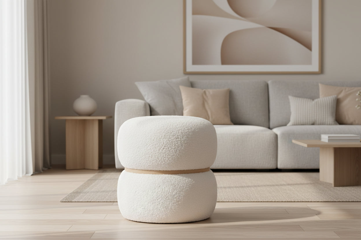 Homzora - Pouf Rond en Tissu Bouclé Blanc Ceinturé en MDF