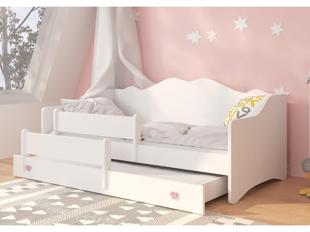 Lit gigogne enfant bois blanc 80x160 petit coeur rose Vekly