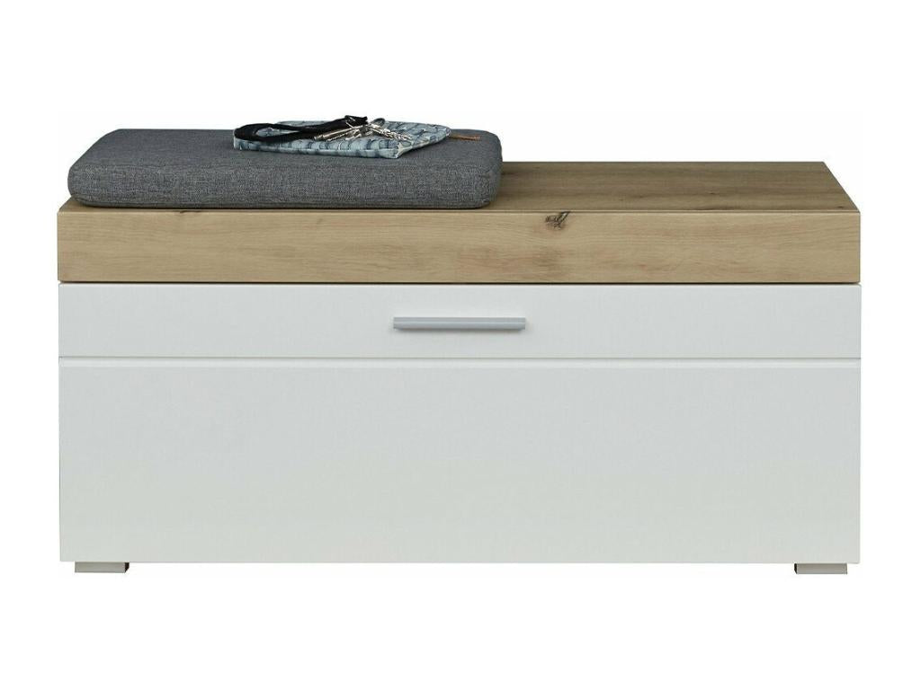 Banc d'entrée 1 abattant décor chêne et blanc brillant L91 cm - Doucezen
