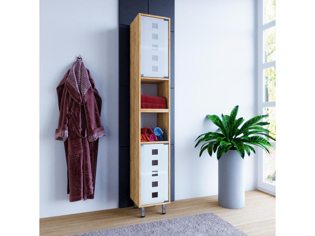 Homzora bois meuble de salle de bain stand étagère salle de bain armoire haute porte vitrée Darola chêne miel