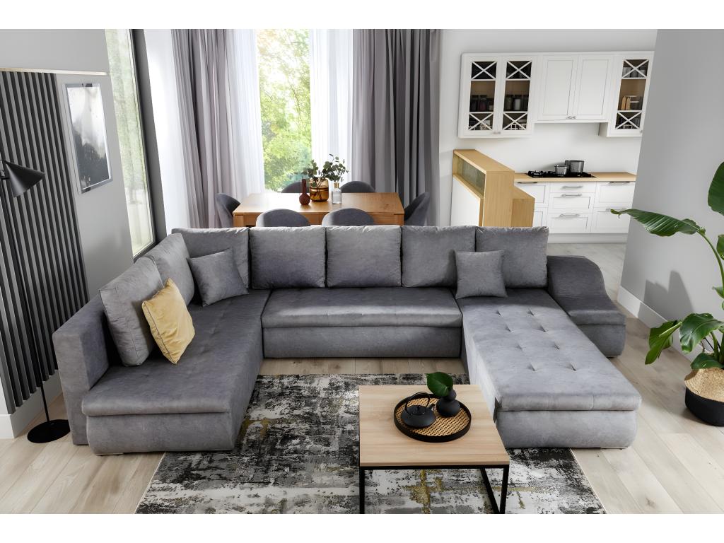 Canapé panoramique convertible tissu noir et simili cuir noir Doucezen 340cm-Méridienne A droite