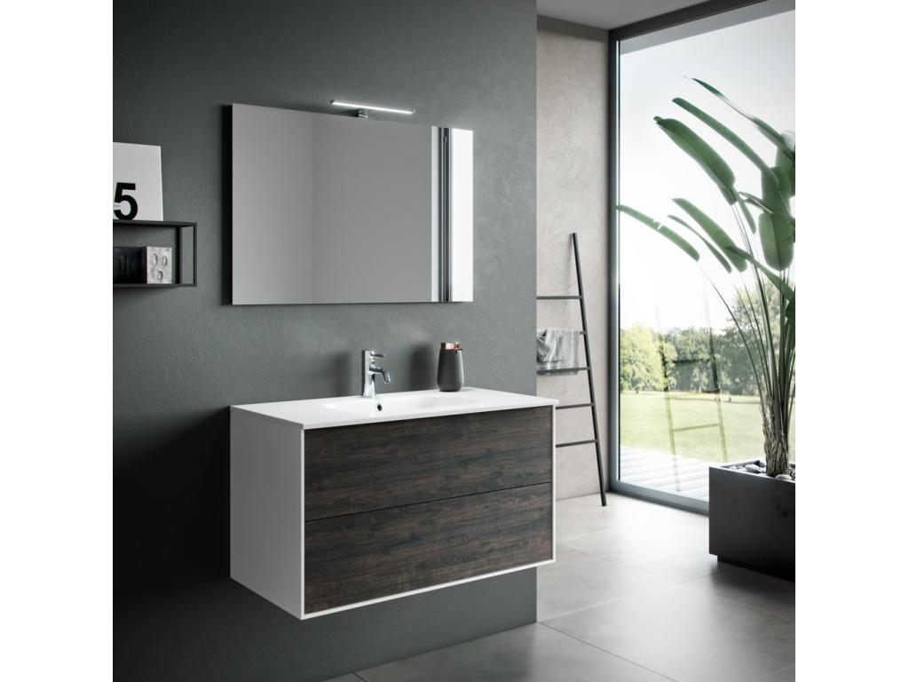 Ensemble meuble de salle de bain 2 tiroirs laqué blanc et marron et miroir à LED Doucezen L 100cm
