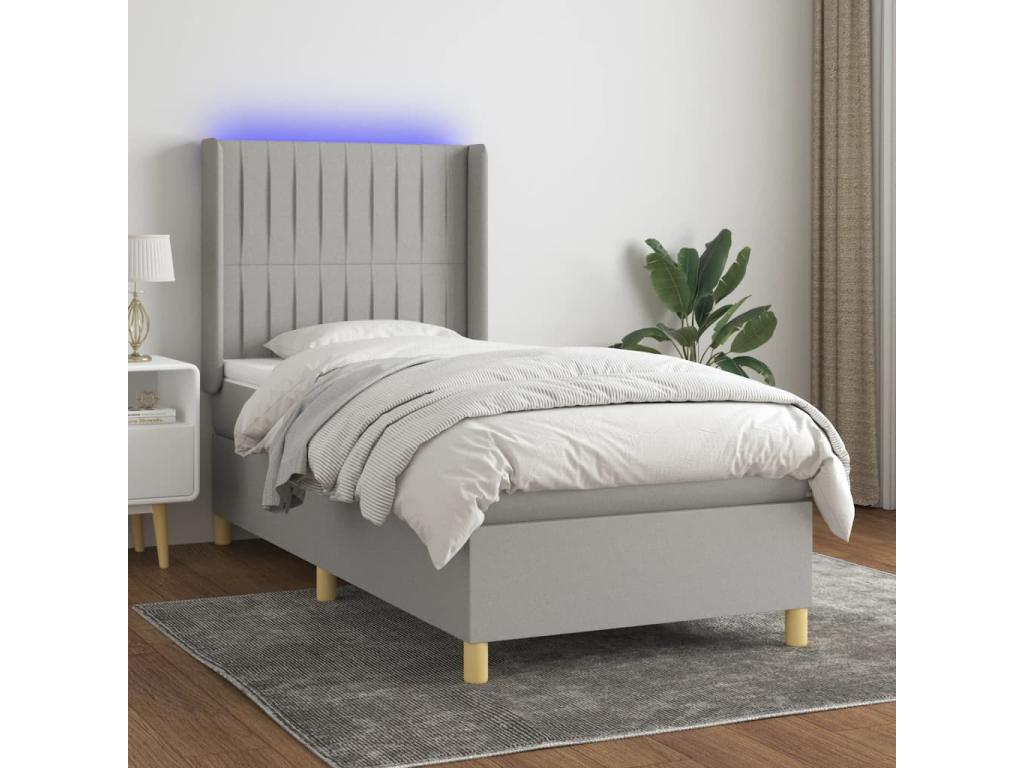 Sommier tapissier avec matelas et LED Gris clair 90x200cm Tissu