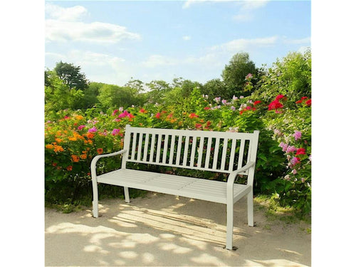 Banc de jardin alu beige 152 cm avec tablette relevable Doucezen