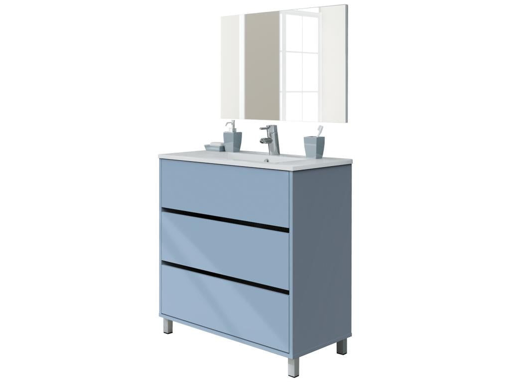 Meuble de salle de bain avec 3 portes coloris bleu azul - Hauteur 88 x Longueur 81 x Profondeur 47 cm