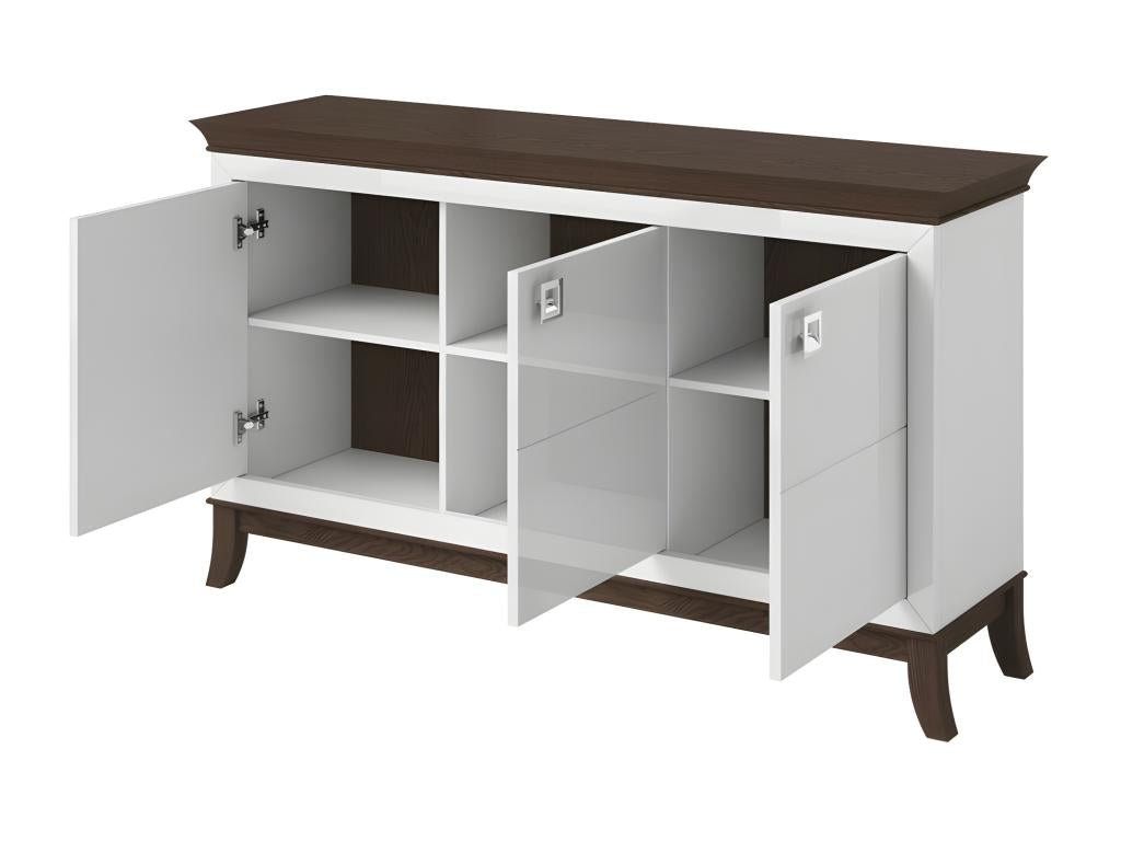 Buffet design 160cm pour salon couleur blanc et chêne foncé collection Doucezen.