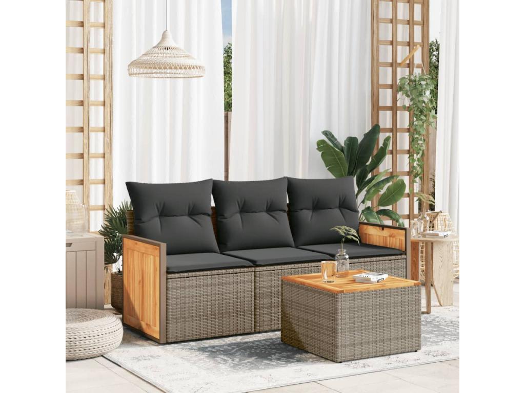 Salon de jardin 4 pièces avec coussins gris résine tressée