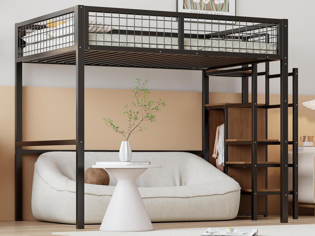 Lit mezzanine enfant 140x200 cm avec structure en fer - avec échelle de rangement et une penderie - Noir