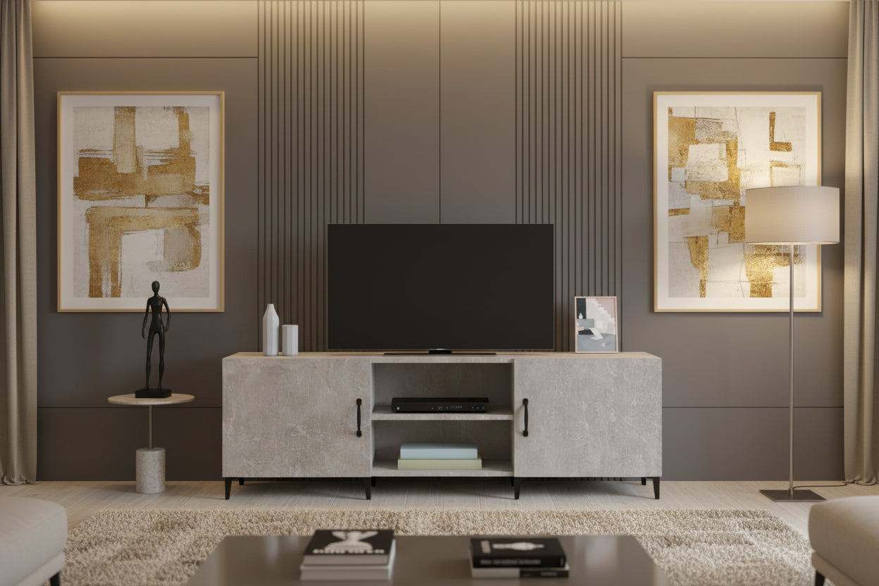 Meuble TV gris béton 150x30x50 cm bois d'ingénierie