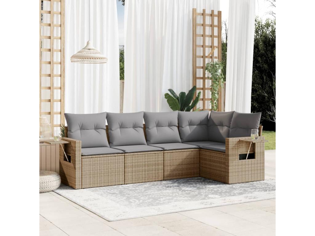 Salon de jardin avec coussins 5 pcs beige résine tressée