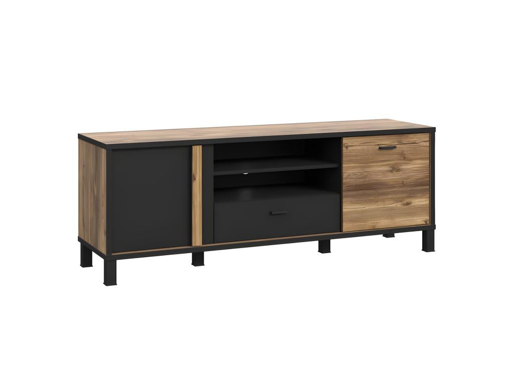 Meuble TV 155 cm 2 portes décor bois et noir pieds métal noir - Doucezen