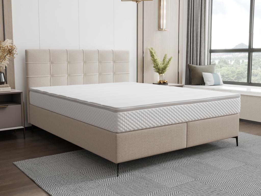 Ensemble complet boxspring tête de lit capitonnée sommier matelas surmatelas - 160x200 cm - Tissu - Beige - Homzora