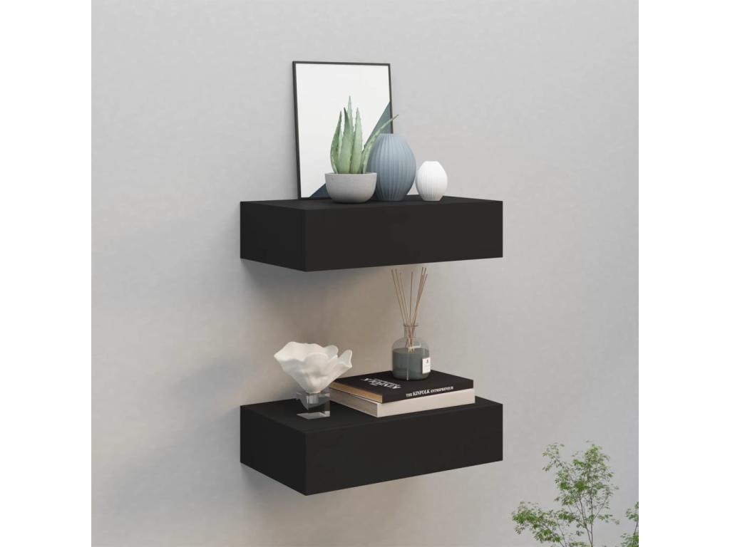 Étagères à tiroirs murales 2 pcs noir 40x23.5x10 cm MDF