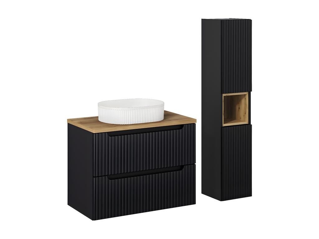 Ensemble meuble simple vasque 80cm 2 tiroirs et colonne Homzora Noir et Bois