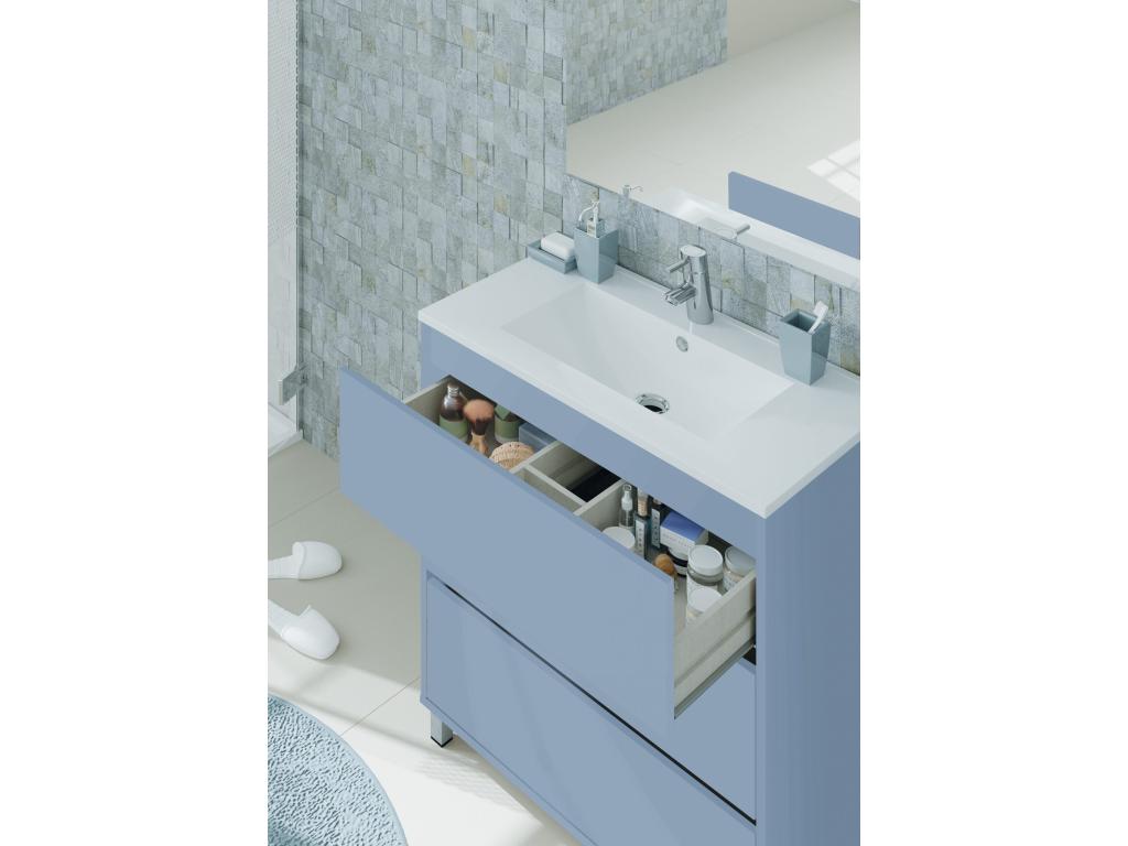 Meuble de salle de bain avec 3 portes coloris bleu azul - Hauteur 88 x Longueur 81 x Profondeur 47 cm