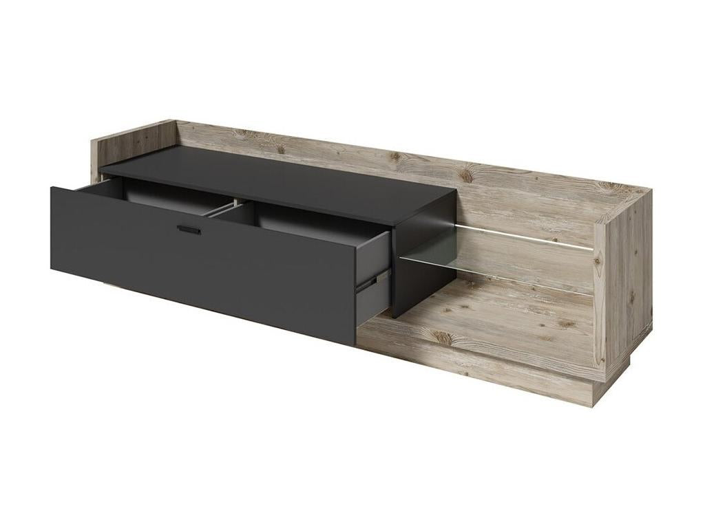 Meuble TV collection Doucezen avec LED - Coloris pin et gris anthracite - Dimensions 220x58x48 cm