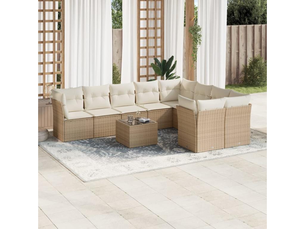 Salon de jardin avec coussins 10 pcs beige résine tressée