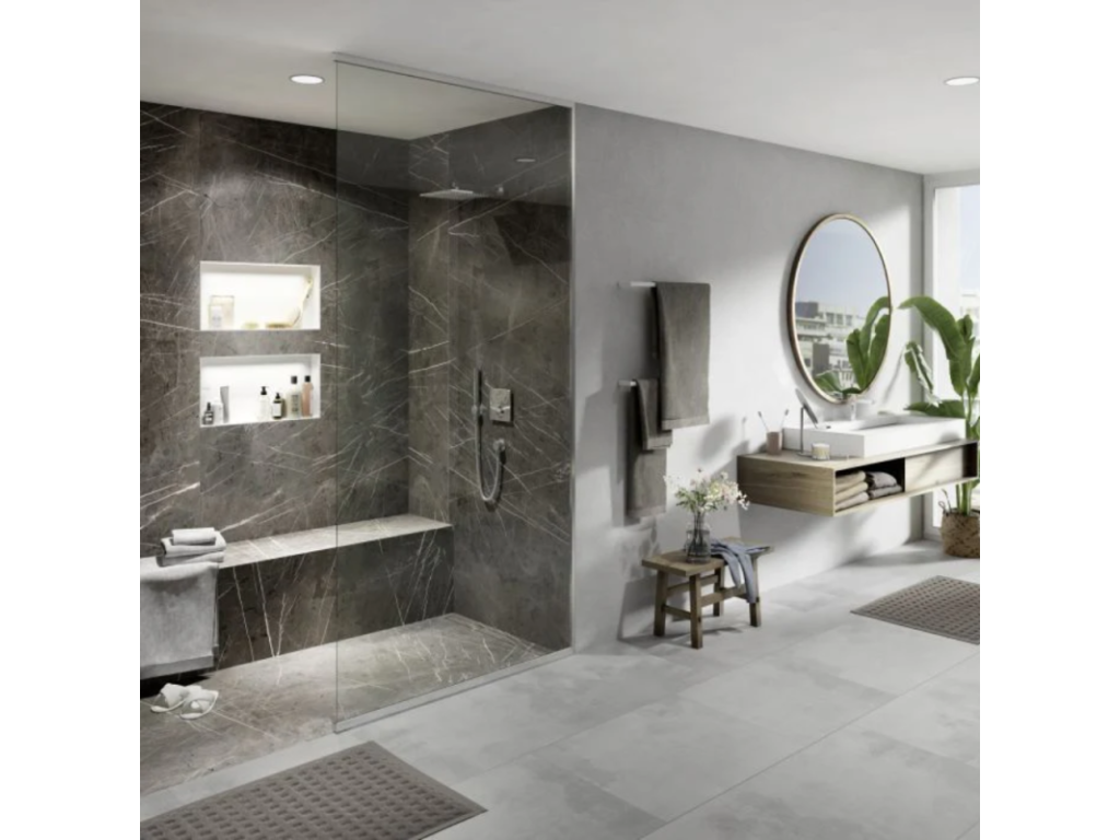 Receveur de douche à carreler 120x90 Doucezen primo revêtement Doucezen marble grey brown colle bonde verticale Doucezen étancheité