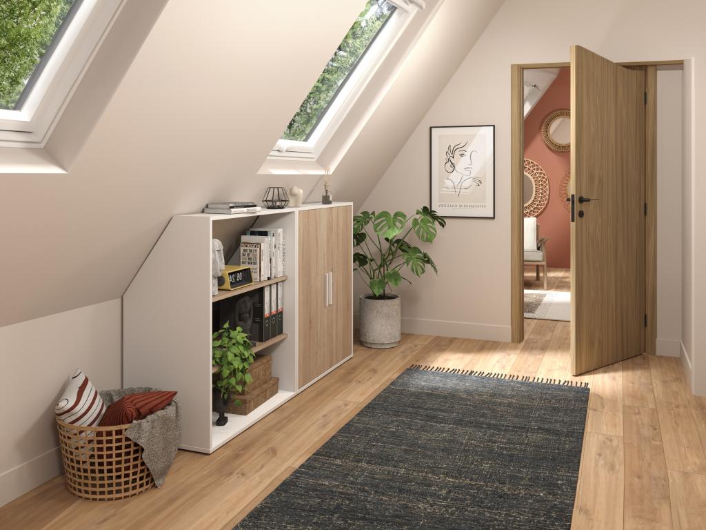 Meuble sous pente 2 portes et 2 étagères - Blanc et naturel - Doucezen