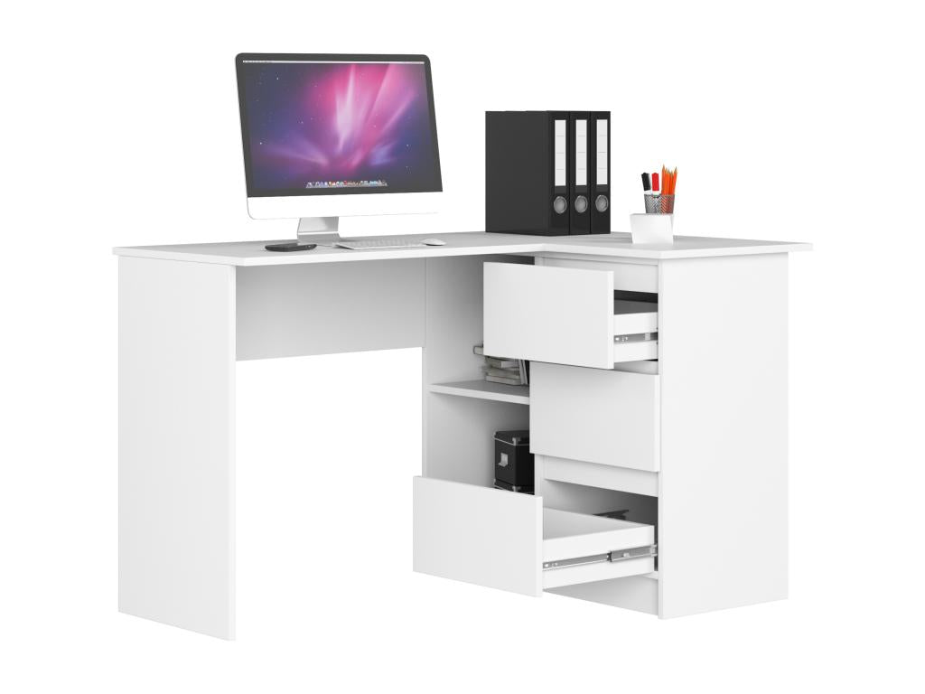 Bureau Homzora d'angle droit B16 Blanc 124 cm 3 tiroirs façade Blanche 2 étagères 124x85x77 cm