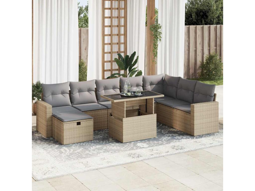 Salon de jardin avec coussins 9 pcs beige résine tressée