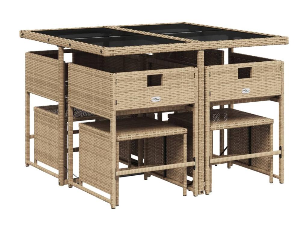 Ensemble à manger de jardin et coussins 9 pièces beige Poly rotin