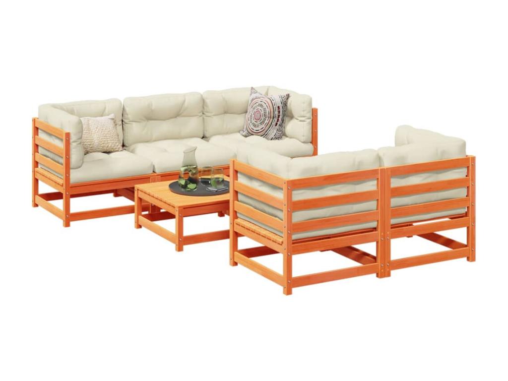 Salon de jardin 6 pièces avec coussins cire marron bois pin massif