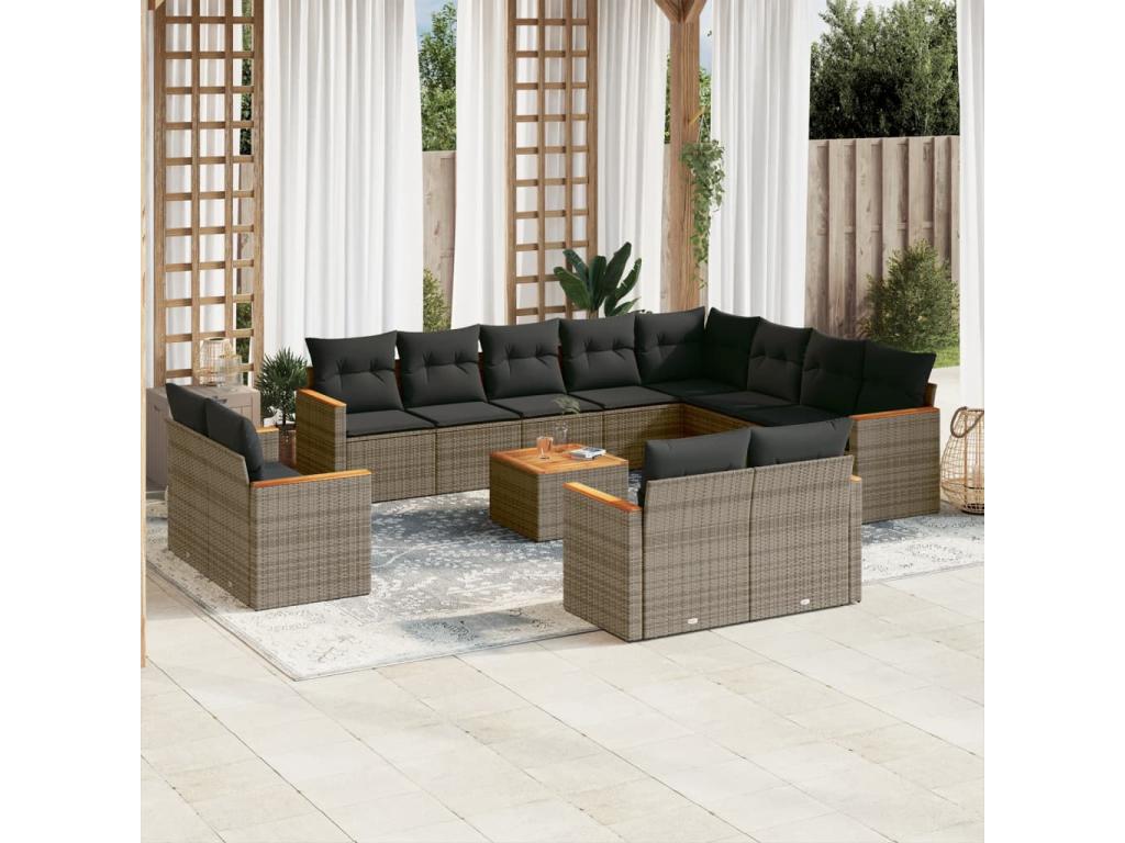 Salon de jardin avec coussins 13 pièces gris résine tressée